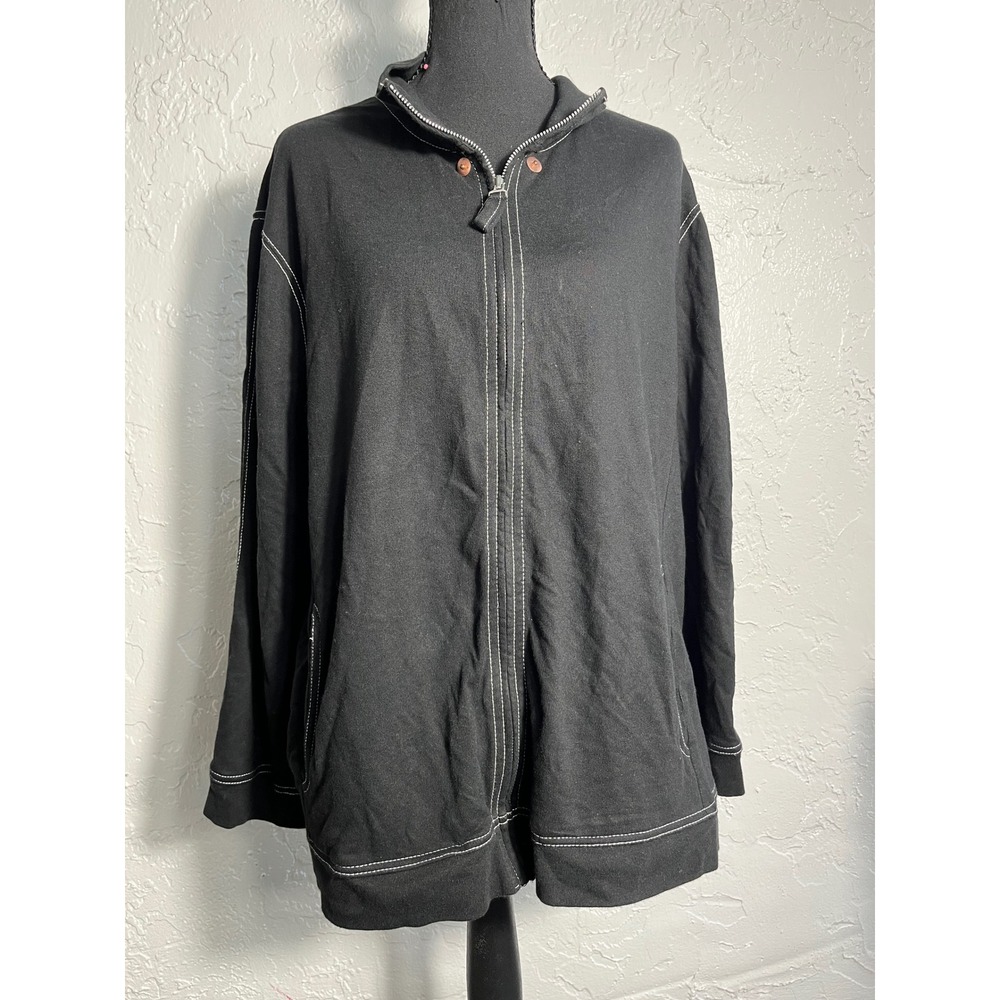 Onque Woman Black Cotton Zip Up Hoodie Jacket Contrast Stitch Oversized XL